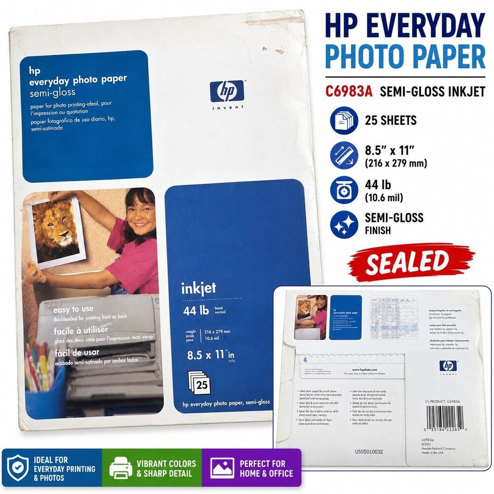 HP Everyday Photo Paper C6983A 8.5x11 Semi Gloss Inkjet 44 lb 25 Sheets Sealed